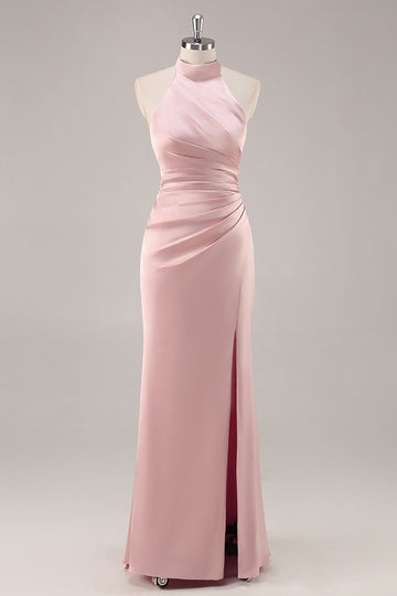Blush High Neck Satin Ruched Long Bridesmaid Dress with Slit